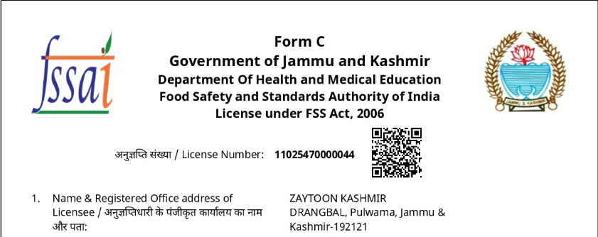 FSSAI License - Zaytoon Kashmir