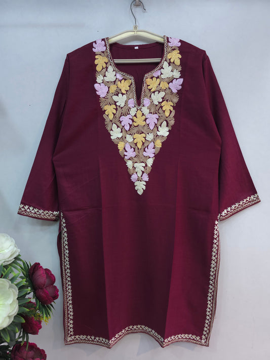 Kashmiri Cotton Kurti long - Maroon